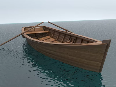 Traditional Wooden Boat Floating on Calm Blue Water with Oars and Seats 3d model
