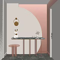 Stylish Entryway With Curved Design Round Wall Lamp Marble Countertop Metal Frame And Small Stool