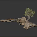 3D Terrain Scene With Rocks Debris Tree And Metal Grid Structure