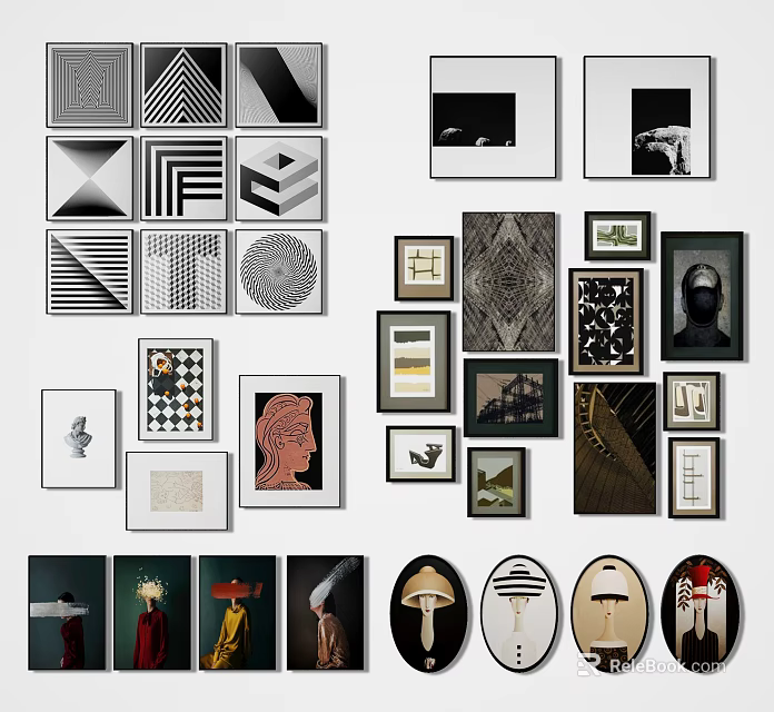 Photo Wall With Framed Artworks Geometric Patterns Abstract Designs And Diverse Prints 3d model