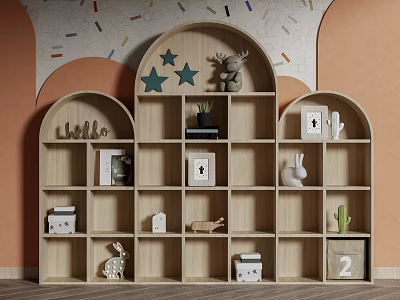 Wooden Arched Bookshelf With Multiple Compartments Star Decorations Deer Figurine Rabbit Toy And Photo Frame 3d model