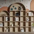 Wooden Arched Bookshelf With Multiple Compartments Star Decorations Deer Figurine Rabbit Toy And Photo Frame