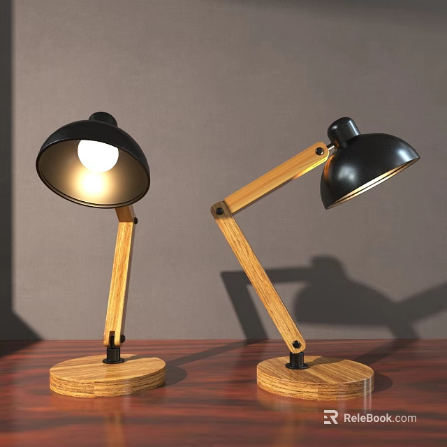 Pair of Adjustable Wooden Table Lamps with Black Shades and Illuminated Glow 3d model 