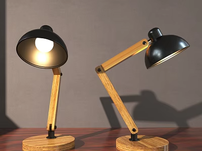 Pair of Adjustable Wooden Table Lamps with Black Shades and Illuminated Glow 3d model