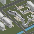Modern Hospital Building Complex With Curved Structures Green Roofs And Surrounding Roads