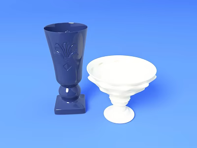 Blue and White Dinnerware Set with Tall Goblet and Pedestal Bowl Design 3d model
