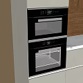 Modern Kitchen Featuring Stacked Black Built-in Ovens With Marble Countertop And Cabinets