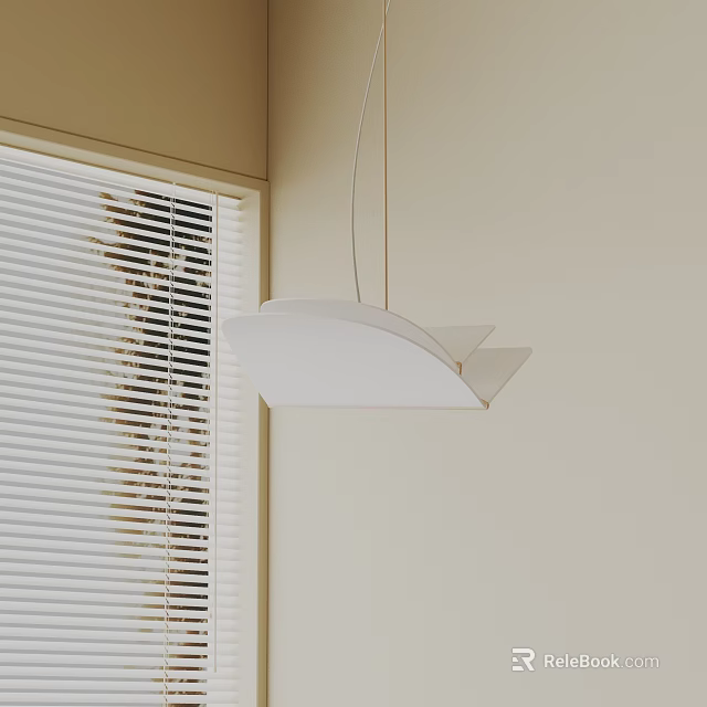 Modern White Pendant Light With Sleek Design Hanging Near Window Blinds And Beige Wall 3d model 