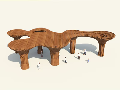 Garden Landscape Featuring Wooden Canopy Structure With Supporting Pillars And People Around 3d model