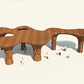 Garden Landscape Featuring Wooden Canopy Structure With Supporting Pillars And People Around