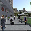 Bustling Commercial Street With Chinese Snack Shops Pedestrians Outdoor Seating And Modern Buildings