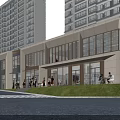 Modern Commercial Street With High Rise Buildings Glass Facades And Pedestrian Lawn Areas
