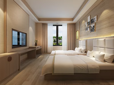 Simple Minimalist Log Style Hotel Standard Room Double Bed Room Folk Room Bedroom 3d model