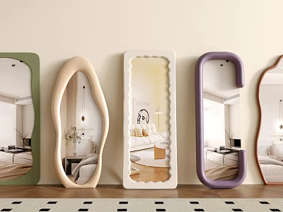 Decorative Wall Mounted Mirrors in Various Shapes and Colors Reflecting Interior Scenes 3d model