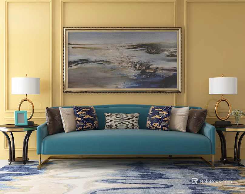 Blue Multi Seater Sofa With Patterned Throw Pillows Side Tables Table Lamps And Yellow Wall 3d model