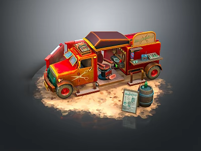 Red Vintage Food Truck with Canvas Awning Menu Board and Wooden Barrel Outdoor Setup 3d model