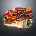 Red Vintage Food Truck with Canvas Awning Menu Board and Wooden Barrel Outdoor Setup