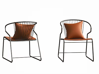 Two Modern Leisure Accent Chairs With Curved Backrest Black Metal Frame And Brown Leather Cushions 3d model