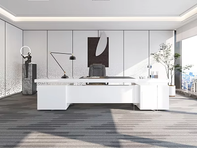 Modern Office Interior Featuring Large White Desk Leather Chair Floor Lamp And Green Plant 3d model