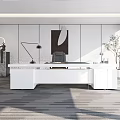 Modern Office Interior Featuring Large White Desk Leather Chair Floor Lamp And Green Plant