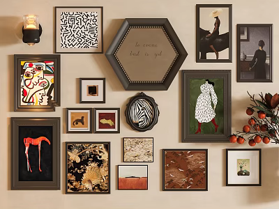 Gallery Wall With Various Framed Artworks Mixed Styles And Decorative Elements 3d model