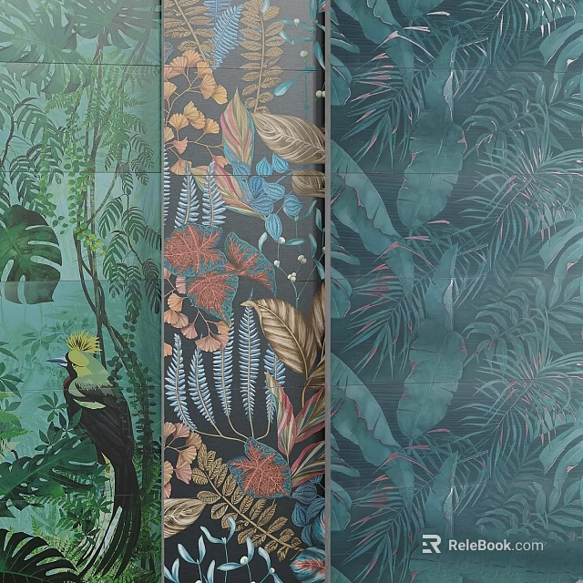 Tropical Themed Wallpaper With Various Leaf Patterns And Bird Design Elements 3d model