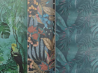 Tropical Themed Wallpaper With Various Leaf Patterns And Bird Design Elements 3d model