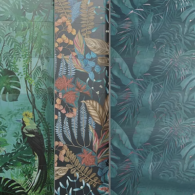 Tropical Themed Wallpaper With Various Leaf Patterns And Bird Design Elements 3d model
