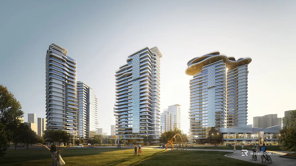 Modern High Rise Residential Towers With Green Lawn And People Enjoying Outdoor Space 3d model 