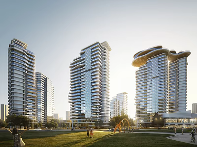 Modern High Rise Residential Towers With Green Lawn And People Enjoying Outdoor Space 3d model