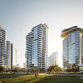 Modern High Rise Residential Towers With Green Lawn And People Enjoying Outdoor Space