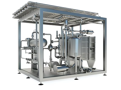 Stainless Steel Industrial Equipment With Frame Piping System Vessels And Valves 3d model