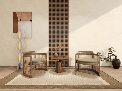 Woven Rattan Leisure Chairs with Small Table on Neutral Rug in Cozy Interior 3d model