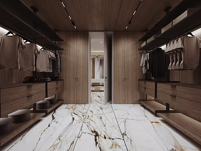 Modern Walk In Closet With Wooden Cabinets Hanging Rods And Marble Floor 3d model