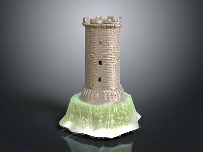 Brick Castle Tower Model With Battlemented Top And Green Grassy Base 3d model