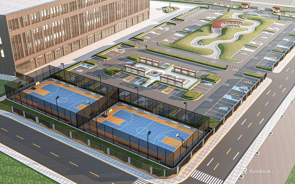 Mixed Use Urban Facility Featuring Basketball Courts Parking Lot Green Space And Adjacent Building 3d model 