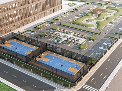 Mixed Use Urban Facility Featuring Basketball Courts Parking Lot Green Space And Adjacent Building 3d model