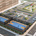 Mixed Use Urban Facility Featuring Basketball Courts Parking Lot Green Space And Adjacent Building