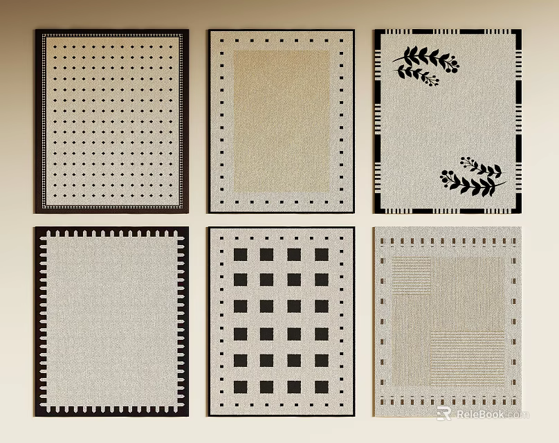 Square Rugs Featuring Various Patterns in Black White and Beige Tones 3d model