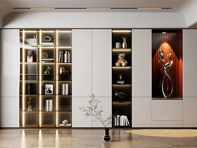 Modern Elegant Bookcase Interior Design With LED Lighting Glass Doors Decorative Items And Books 3d model