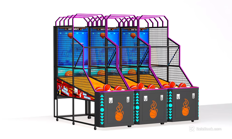 Basketball Shooting Game Machines Three Parallel Black Purple Blue Frames Orange Shooting Areas Flame Patterns 3d model 