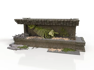 Modern Archaeological Exhibition Display With Dinosaur Skeleton Stone Wall And Green Plants 3d model