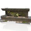 Modern Archaeological Exhibition Display With Dinosaur Skeleton Stone Wall And Green Plants