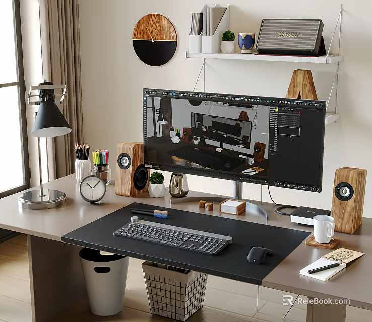 Elegant Desktop Workstation Setup With Monitor Keyboard Mouse Speakers Plant On Desk 3d model 