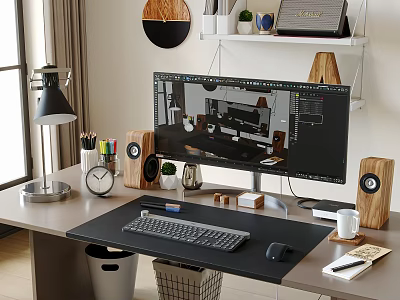 Elegant Desktop Workstation Setup With Monitor Keyboard Mouse Speakers Plant On Desk 3d model