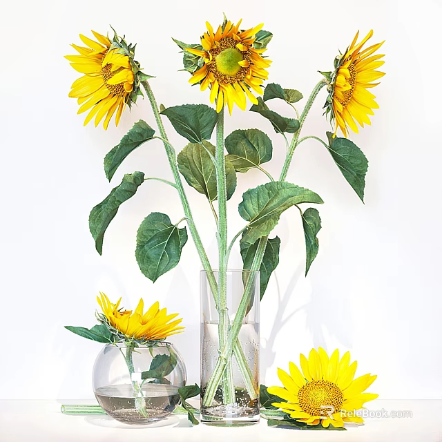 Elegant Decorative Sunflower Arrangement With Green Leaves In Transparent Vase 3d model 