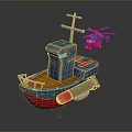 Toy Boat With Blue Hull Red Details And Red Toy Helicopter Flying Nearby