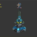 Cartoon Sci Fi Mechanical Tower with Blue Hexagonal Base and Multi Layered Structure