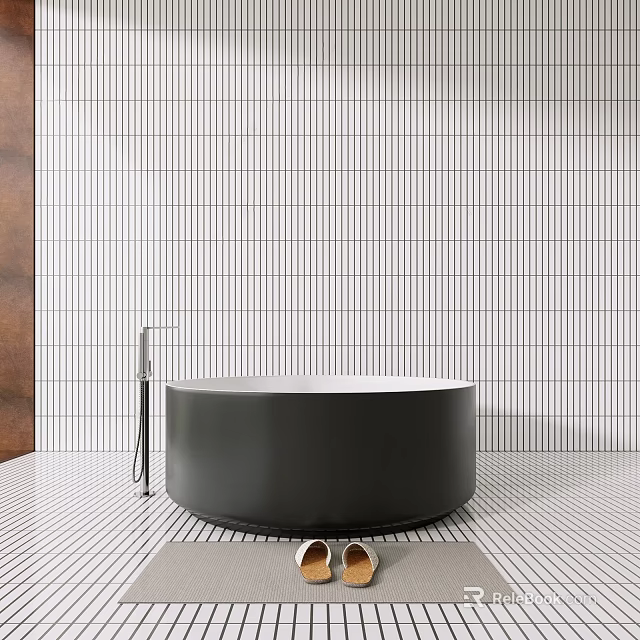 Modern Black Round Bathtub In Bathroom With White Vertical Striped Tile Wall And Metal Faucet 3d model 