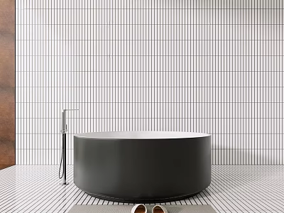 Modern Black Round Bathtub In Bathroom With White Vertical Striped Tile Wall And Metal Faucet 3d model